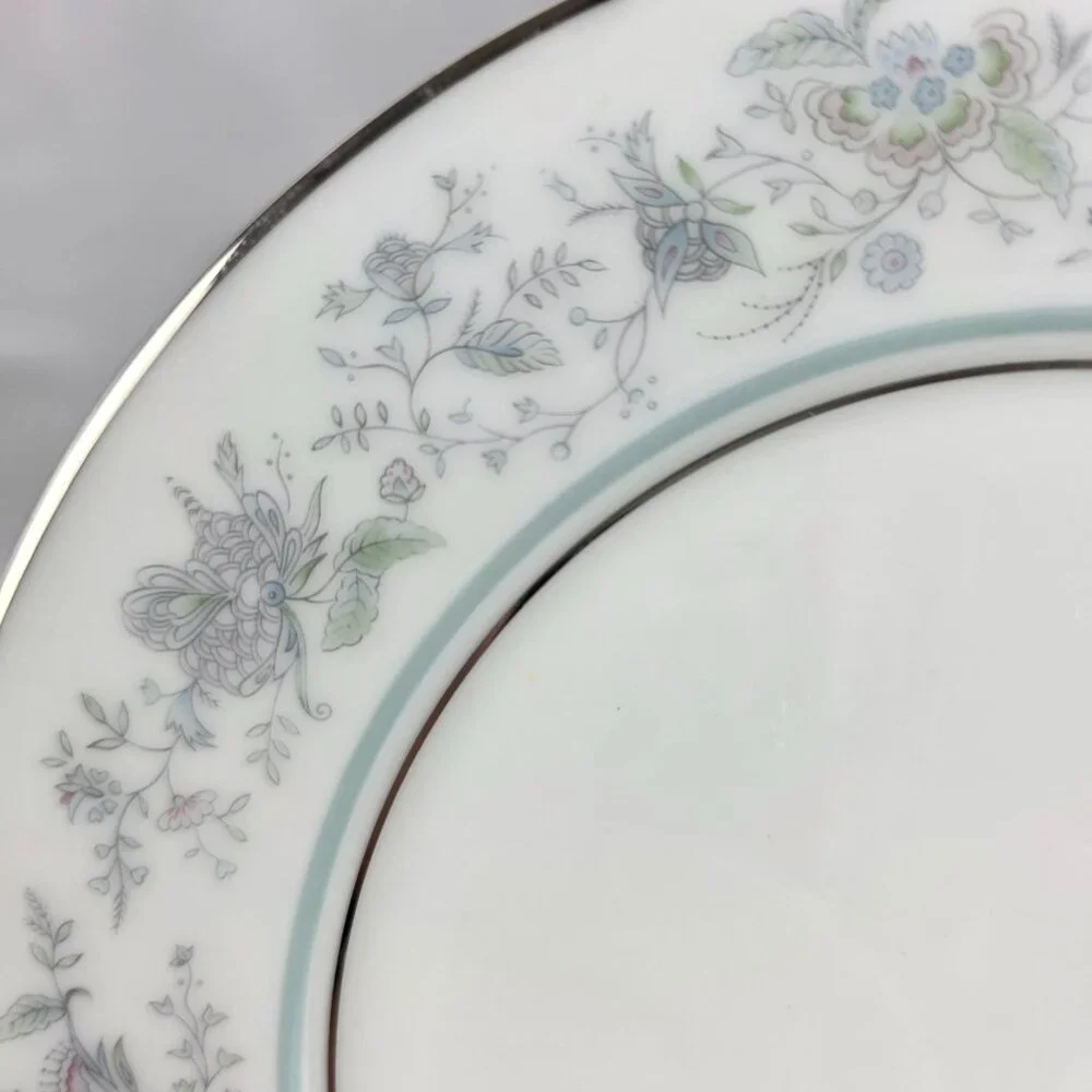 FOUR Oxford China Spring Bread Plate Multicolor Floral Rim Aqua Band